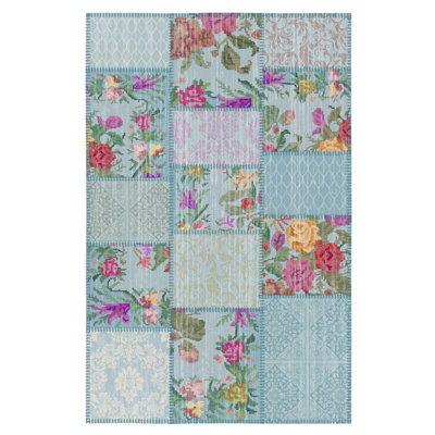 Blue Karabakh and Patchwork Patterned Woven Base Rug