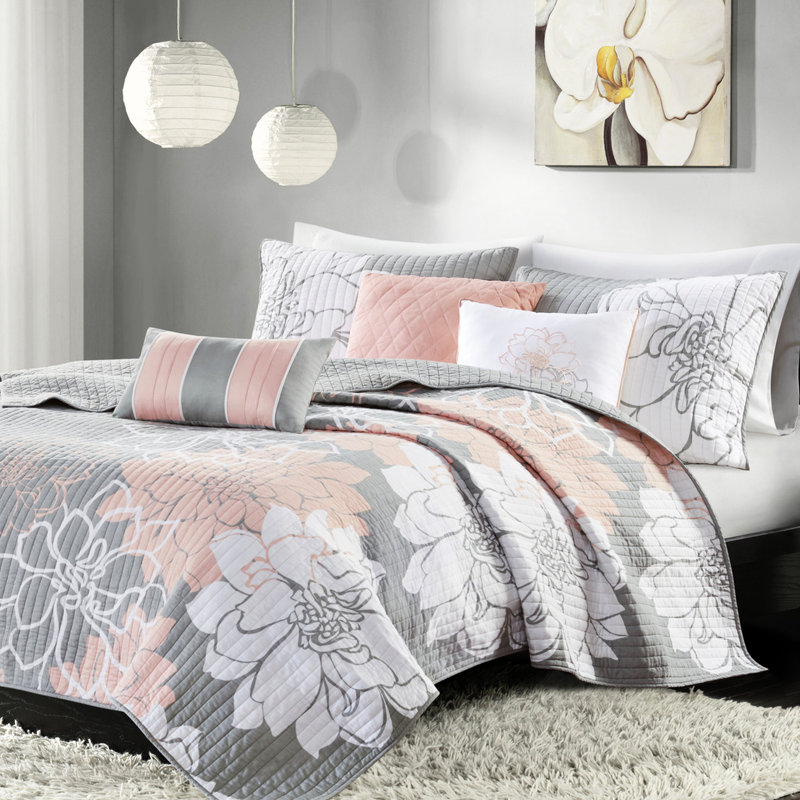 Courtepointe 6 pièces, gris / pêche, double / grand, coton imprimé, chaleur réversible, 3 coussins élégants, coussin décoratif pour la literie