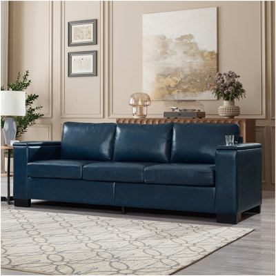 Canapé de salon 93,7 po en similicuir de style moderne, canapé à accoudoirs carrés avec porte-gobelet, canapé de rangement, similicuir rembourré bleu marine.