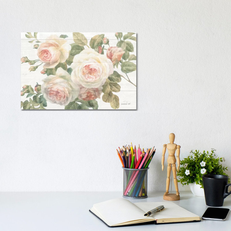 Vintage Roses White on Shiplap Crop 1 Piece Wrapped Canvas Painting, 20.32cm H x 30.48cm W x 1.91cm D