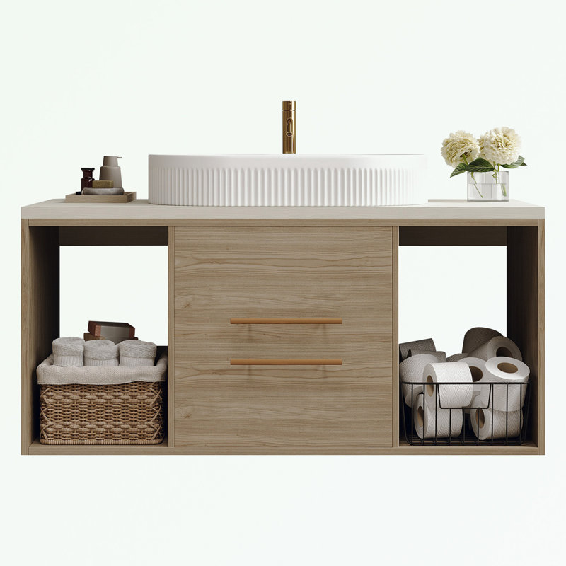 Meuble-lavabo mural avec lavabo ovale en céramique, tiroirs et tablette ouverte, Naturel