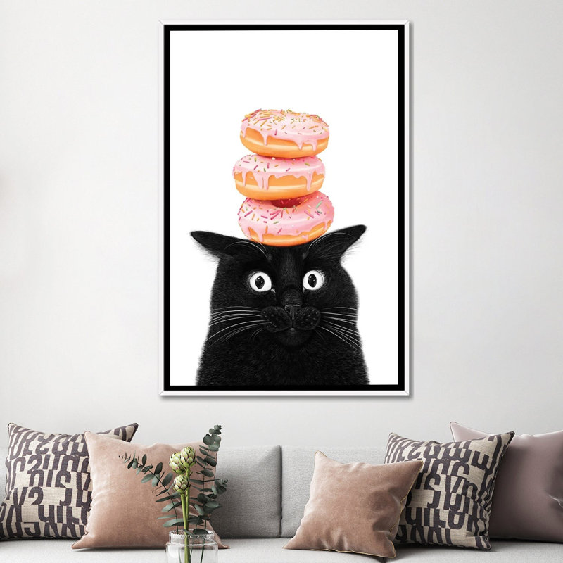 «Black Cat With Donuts», reproduction d'art sur toile encadrée, 60" x 40", Toile avec cadre, White