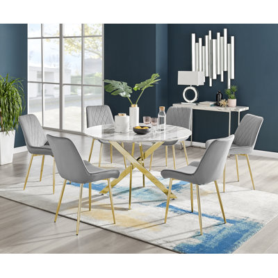 Tierra Modern Chrome Metal & Glass Round Dining Table Set with 6 Luxury Faux Leather Chairs