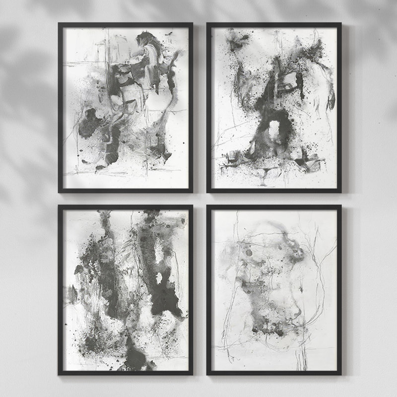 Graphite abstrait I, reproduction encadrée - ensemble de 4, Noir, H 10 po x l 32 po