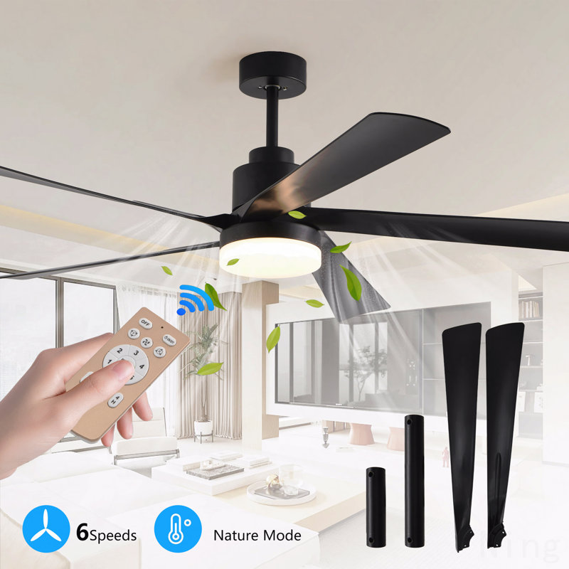 Ventilateur de plafond noir 65 pouces avec lumière, ventilateur à 5 pales à DEL à intensité variable avec télécommande, conception moderne et silencieuse pour le salon et la chambre à coucher