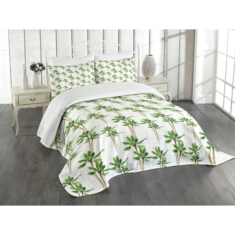 King White Quilted Bedspread Set with Palm Tree Design
