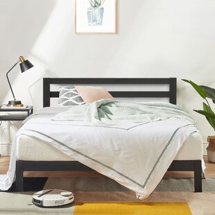 Mellow Maggie Metal Platform Bed with Upholstered Cushion Headboard, Steel Slats, Sky Gray, King