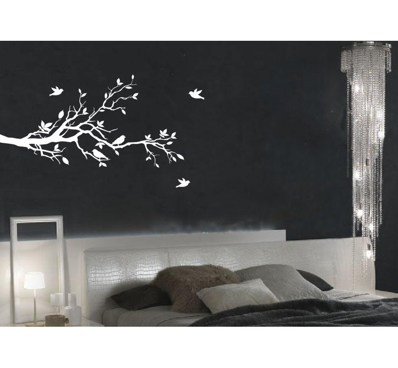 Adhésif décoratif branches d'arbres avec oiseaux pour chambre de bébé, Blanc