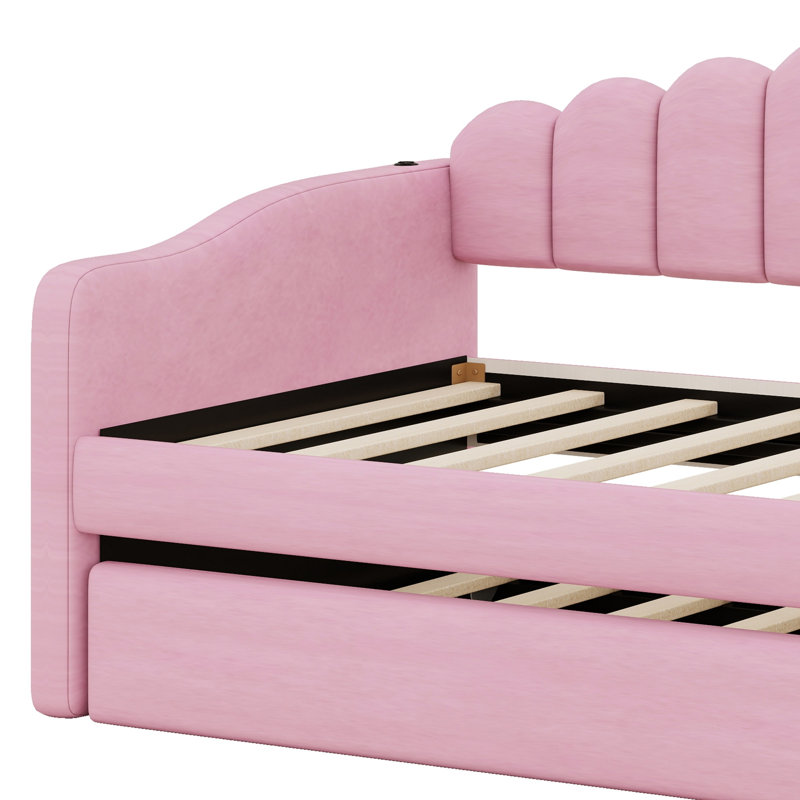 Daybed with Trundle, Velvet Sofabed Design and Built-in USB Charging Ports, Pink