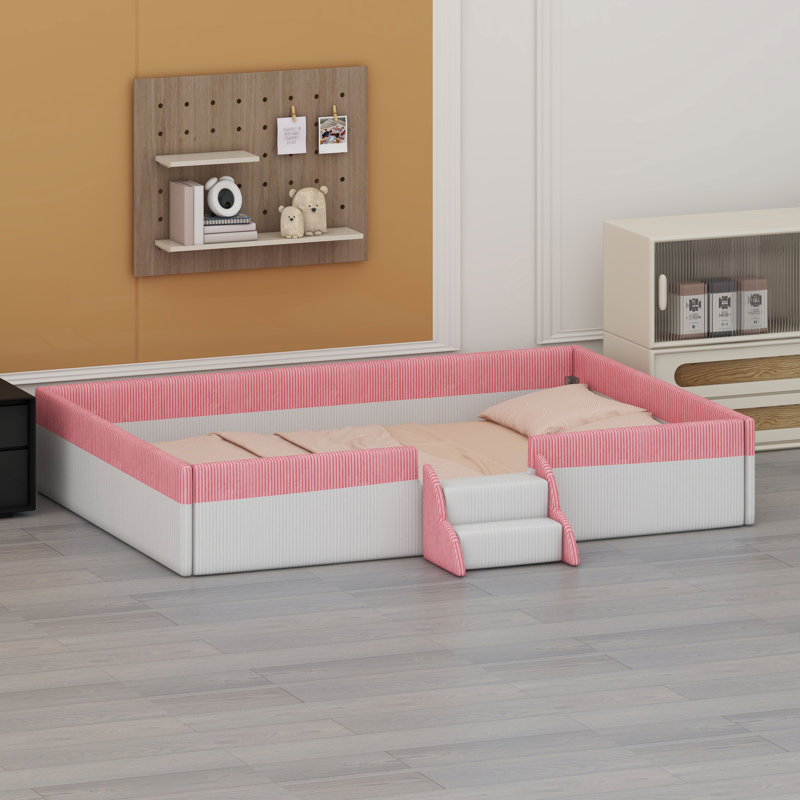 Lit de plancher tapissier peu encombrant avec clôture, marches et lumières DEL intelligentes, Grand lit, Rose et blanc