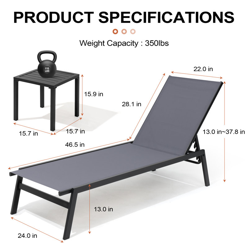 Esko Metal Outdoor Chaise Lounge Set with Table, Gray