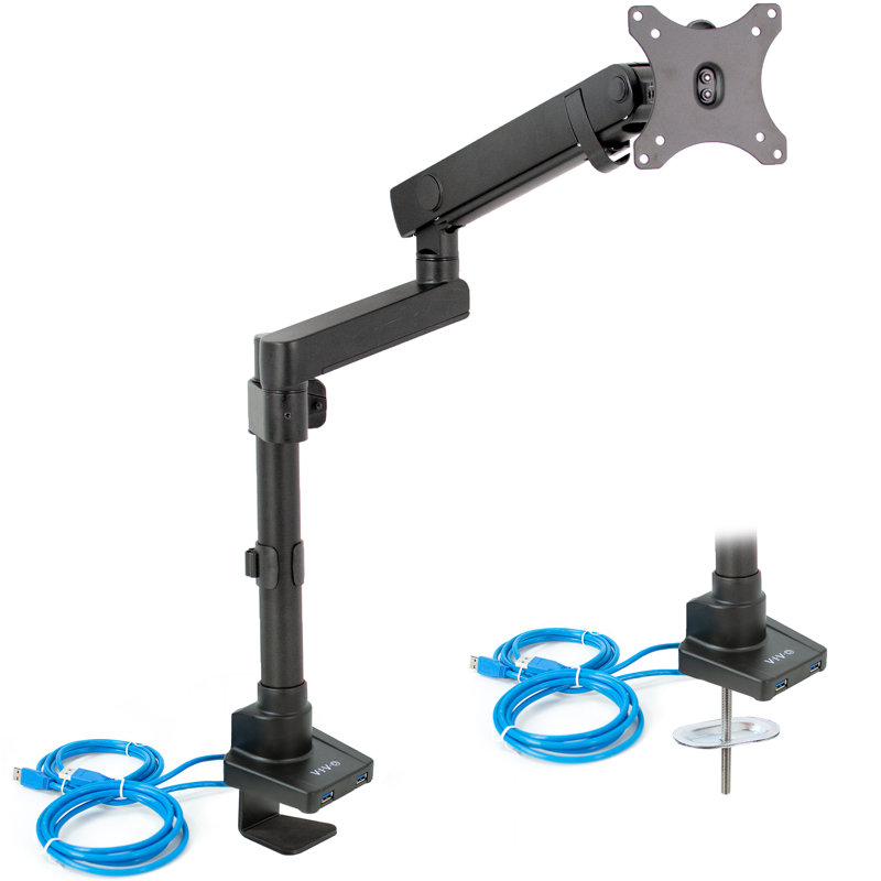 Premium Black Aluminum Full Motion Single Monitor Desk Mount with USB Ports