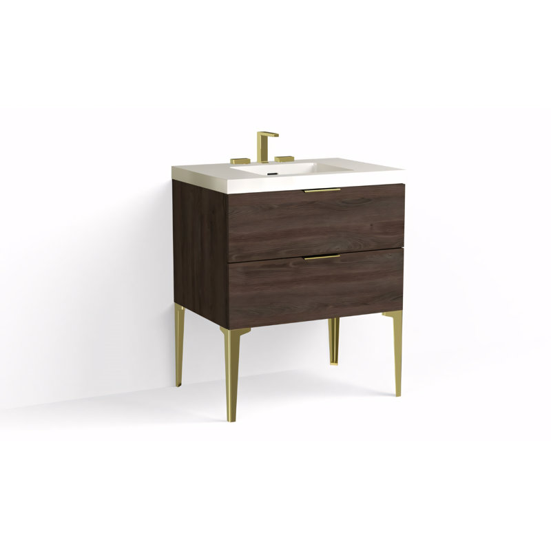 Avila 30" W Freestanding Single Bathroom Vanity with Dean Leg, Satin Brass, Gloss White/8" Widespread, Nocino
