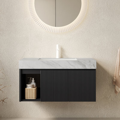 Meuble-lavabo suspendu de 91 cm (36 po) avec lavabo, comptoir en pierre frittée veinée gris Carrara, 1 trou de robinetterie, noir