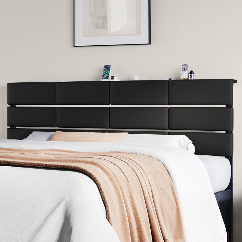 Upholstered Headboard With RGB LED Light Charging Station Height Adjustable, Full/Queen\, Black Velvet