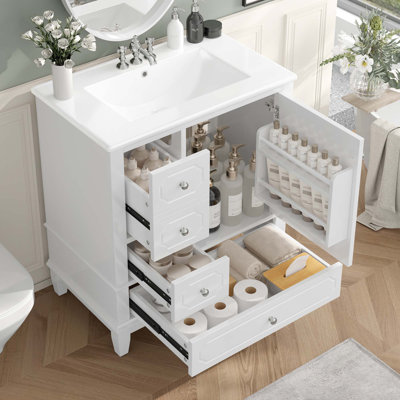 Meuble-lavabo 30 po avec lavabo, meuble-lavabo autoportant blanc avec cuve en céramique, structure en bois massif, porte à fermeture en douceur, 3 tiroirs, panneau de fibres à densité moyenne peint et bois d'hévéa