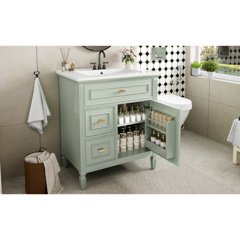 Meuble-lavabo avec lavabo / meuble-lavabo avec un tiroir rabattable et deux tiroirs / tablette réglable, Vert