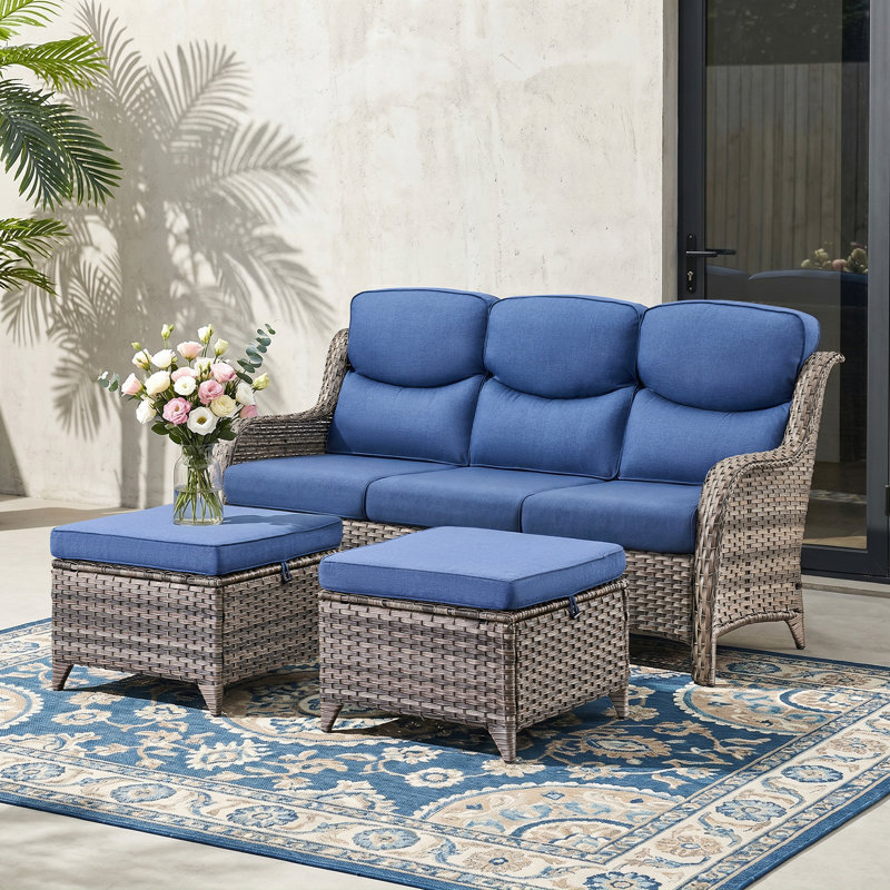 Outdoor Patio Sofa Set (3Pcs) With High-Back Design 5 " Thickened Cushions, Sofa Footstool, Patio Set, All-Weather Wicker Patio Furniture Set, Suitable For Balconies And Patios