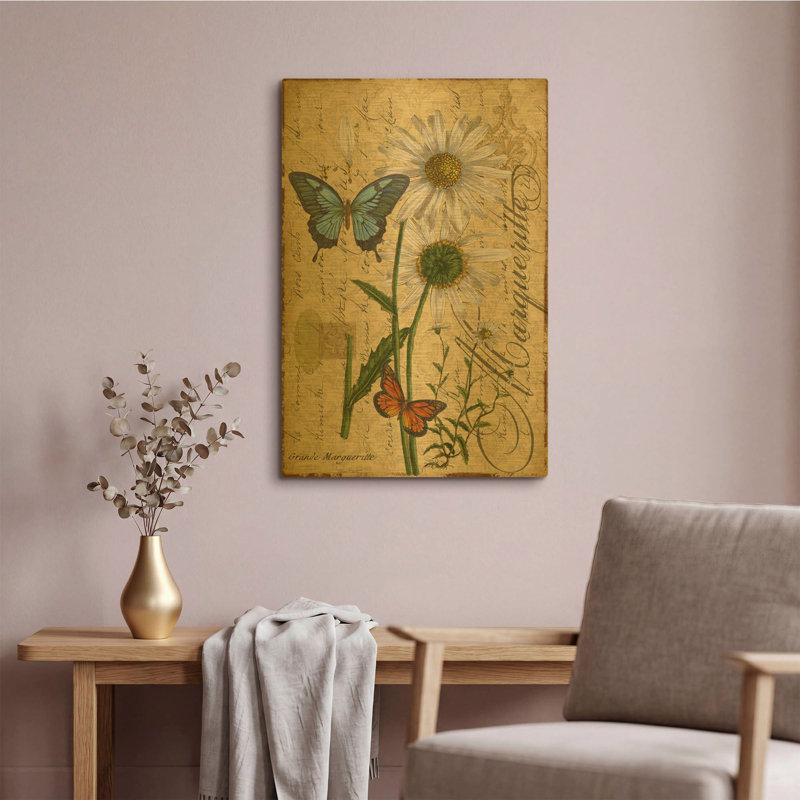 «Botanical Daisey Grande Marqueritte Damask» par Jean Plout, art mural en métal doré, 16 po x 24 po, 16"x24"