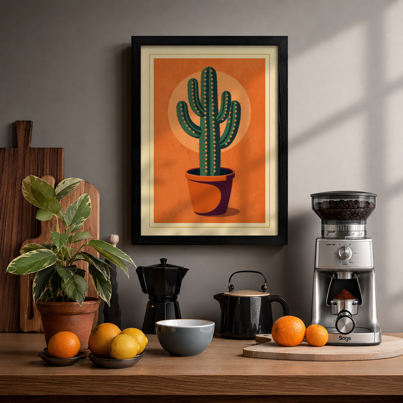 Saguaro in Terracotta Botanical - Framed Print, A2 - 59.4 x 42.0 cm, Black