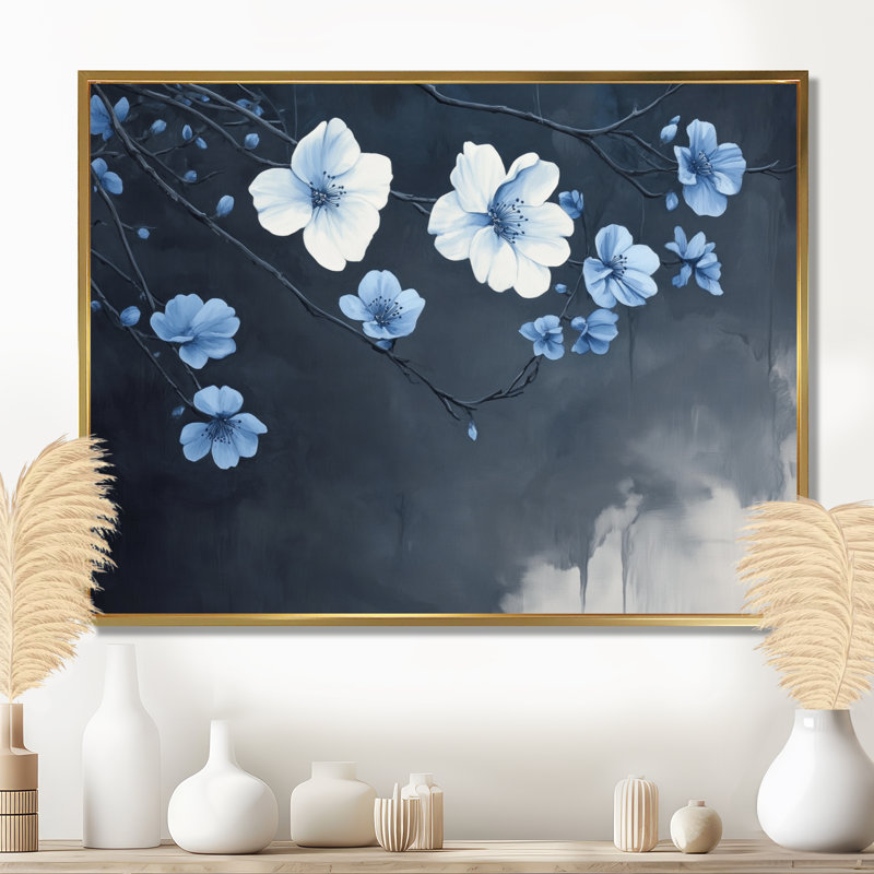 Toile florale de minuit, art mural fleur de cerisier bleu, Millwall, H 12 po x l 20 po, Cadre flottant doré