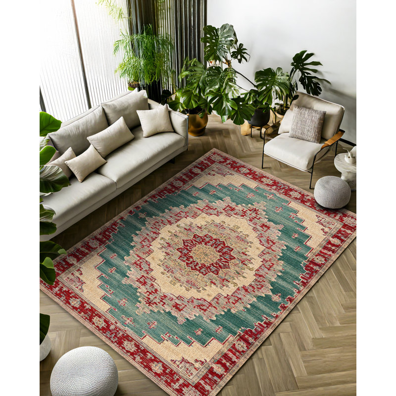 Girraj Burgundy Green Beige Oriental Machine Printed CGirrajn Polyester Area Rug, Runner 5'3" x 13'2"