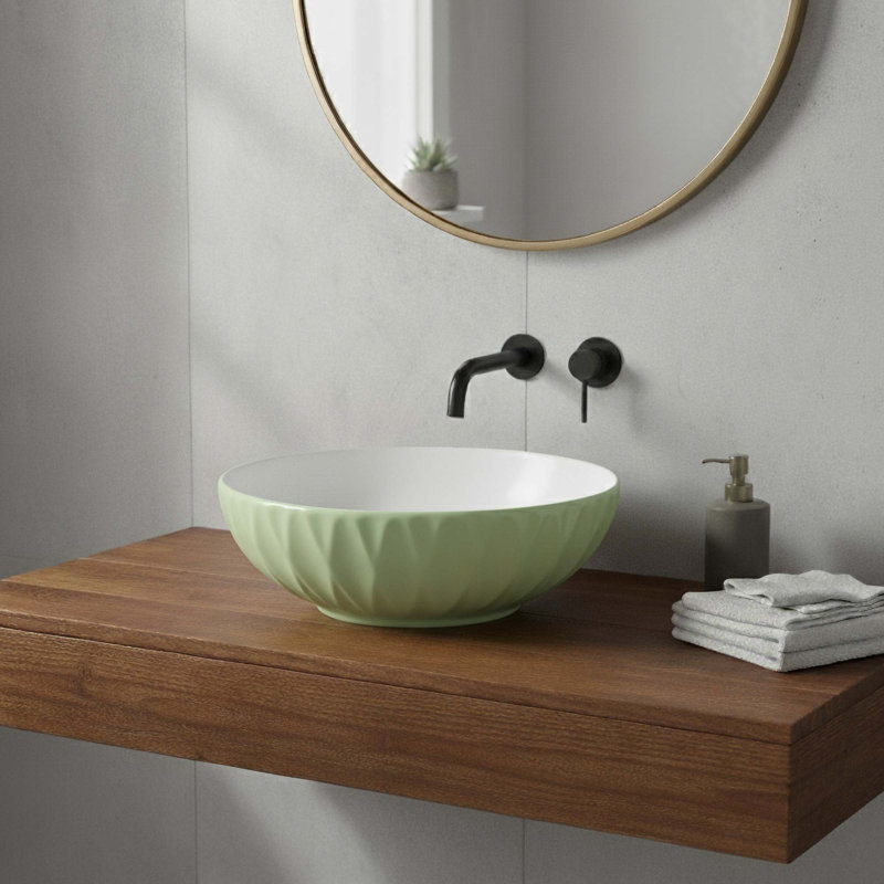 Lavabo de salle de bain vasque rond en céramique 16 po - Conception de bol texturé moderne en vert sauge, Vert