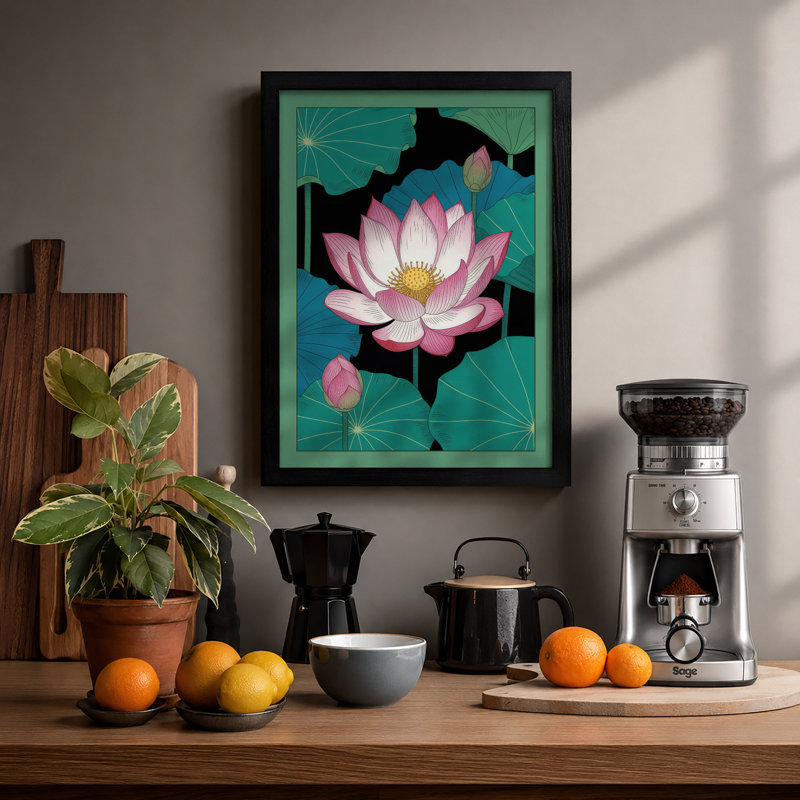 Lotus in Bloom Botanical - Framed Print, A1 - 84.1 x 59.4 cm, Black