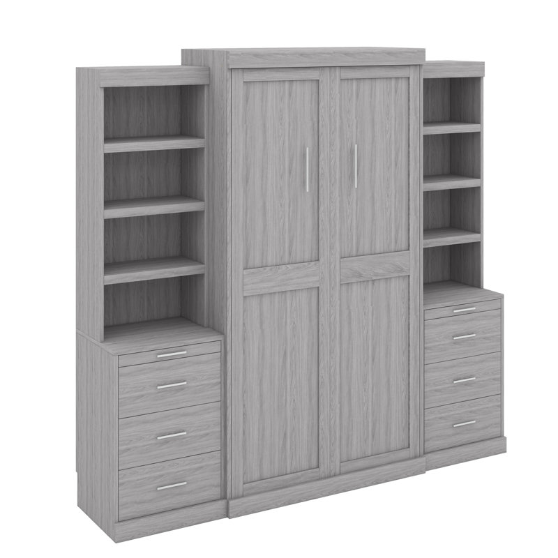 Lit escamotable double avec tablettes et tiroirs de rangement