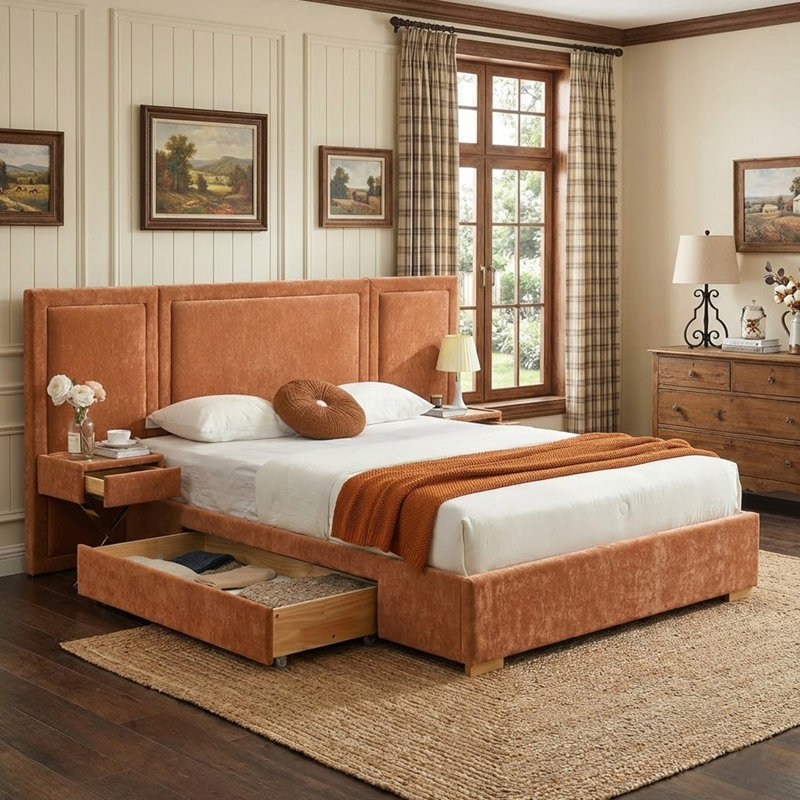 Modern Wide-Panel Upholstered Bed, Queen, Orange Velvet, Queen, Orange