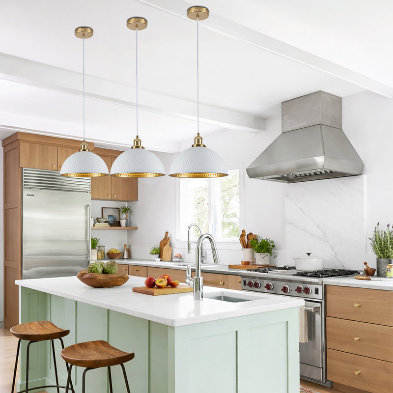 Ensemble de 3 luminaires suspendus dôme blanc et doré 11,8 pouces pour îlot de cuisine , Paquet de 3, Blanc