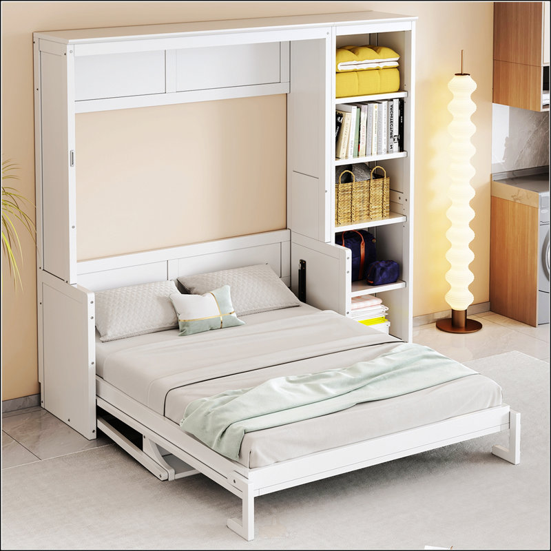Lit escamotable double avec bureau et bibliothèque, Double, Blanc