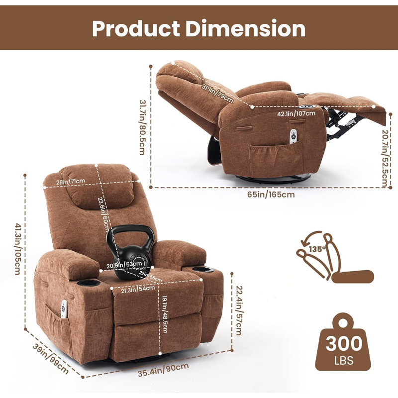 Rocker Recliner Chair w/ Massage and Heat, 360° Swivel and Rocking Function, Overstuffed Arms and Back for Ultimate Comfort