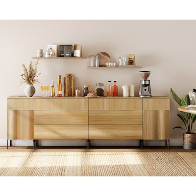 94.5" Wooden Reeded Sideboard With Built-In Charging Station, 4-In-1 Modern Credenza Storage Cabinet For Kitchen, Dining Room