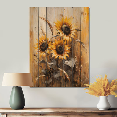 Sunflowers In A Wheat Meadow I - Sunflowers Wood Wall Art - On Natural Pine Wood