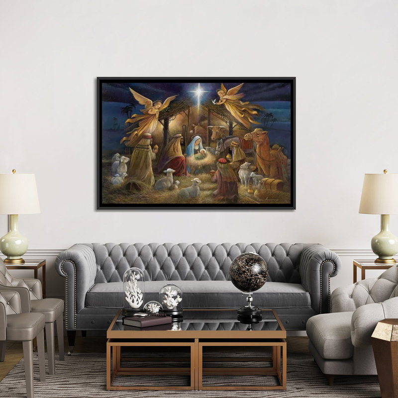 " Nativity " by Ruane Manning, 18" H x 26" W x 1.5" D, Black Floater Framed Canvas, No Mat