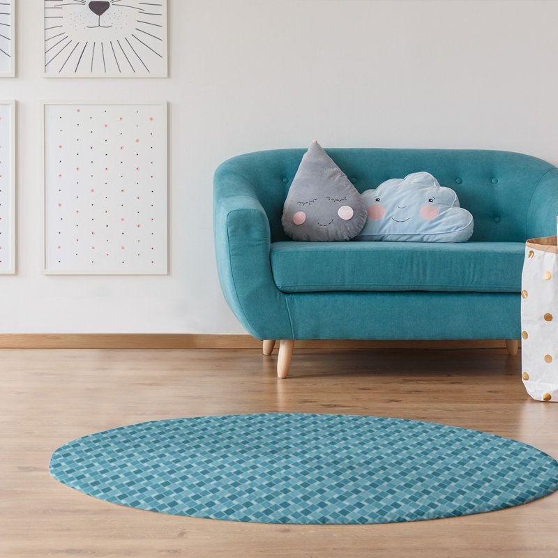 Tapis bleu à carreaux rétro, Rond 5 pi