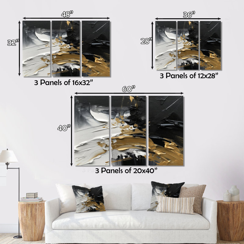 Exquis Darling Gold, vague abstraite sur fond noir I sur toile 3 pièces, H 28 po x l 36 po x P 1 po