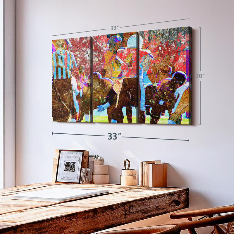 Footballeurs sur toile, H 20 po x l 33 po x P 1,25 po