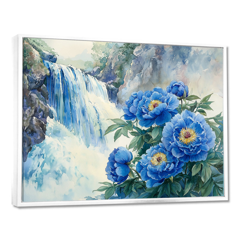 Pivoines par la cascade II - pivoines, art mural, H 12 po x l 20 po, Reproduction encadrée, Blanc