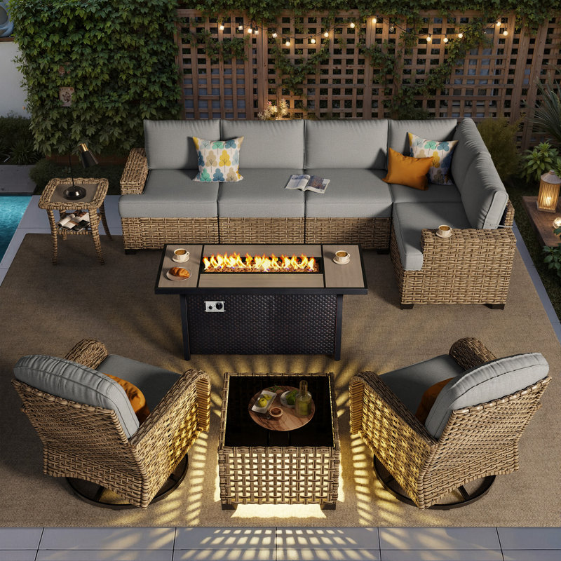 7-Seat All-Weather Outdoor Wicker Patio Conversation Furniture Set With Expandable Fire Pit Table, Dark Gray