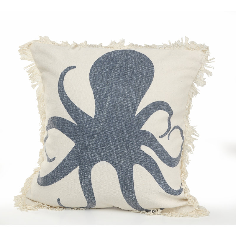 Coastal Blue Octopus Fringed Square Cotton Pillow
