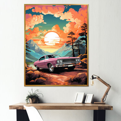 «Pink Classic Muscle Car At Sunset»