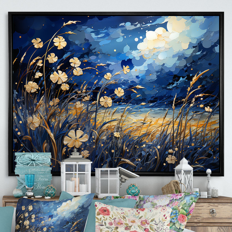 Coquelicots bleu marine - prairie, art mural, H 16 po x l 32 po x P 1 po, Cadre flottant noir