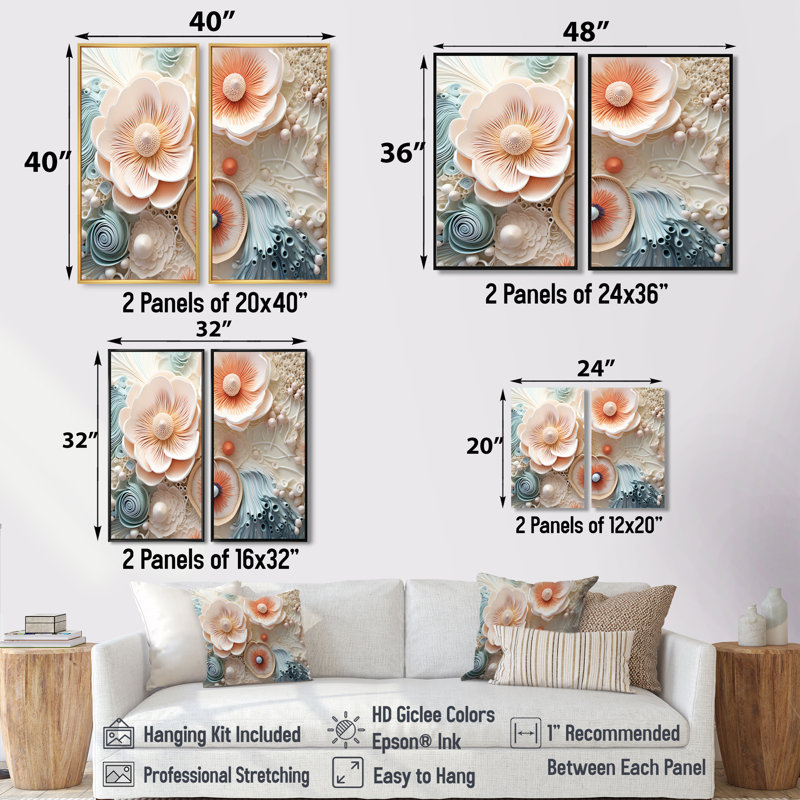 «Blue and White Coral Underwater Bouquet I - Peach Coastal», art mural, H 36 po x l 48 po, Impression encadrée flottante
