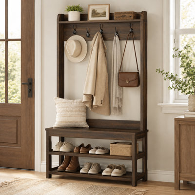 31"W Modern Hall Tree with Bench and Shoe Storage, Entryway Coat Rack with Hooks, 2-Tier Shoe Shelf and Top Display Shelf, Wood Entryway Organizer for Mudroom, Hallway and Home Entrance