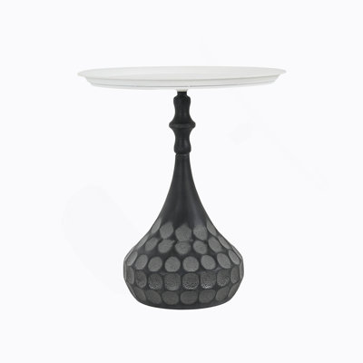 Accent Metal Coffee Table, Pedestal Table For Living Room, Hand-Hammered Texture, White+Black