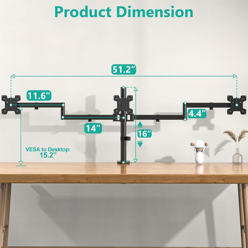 Adjustable Triple Monitor Mount for 13-27 inch Screens, 22 lbs per Arm