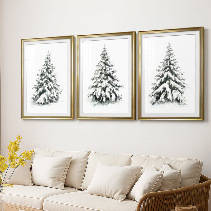 Christmas Holiday Art VI - reproduction sur mesure encadrée de qualité supérieure - 3 pièces, H 19 po x l 45 po, Doré