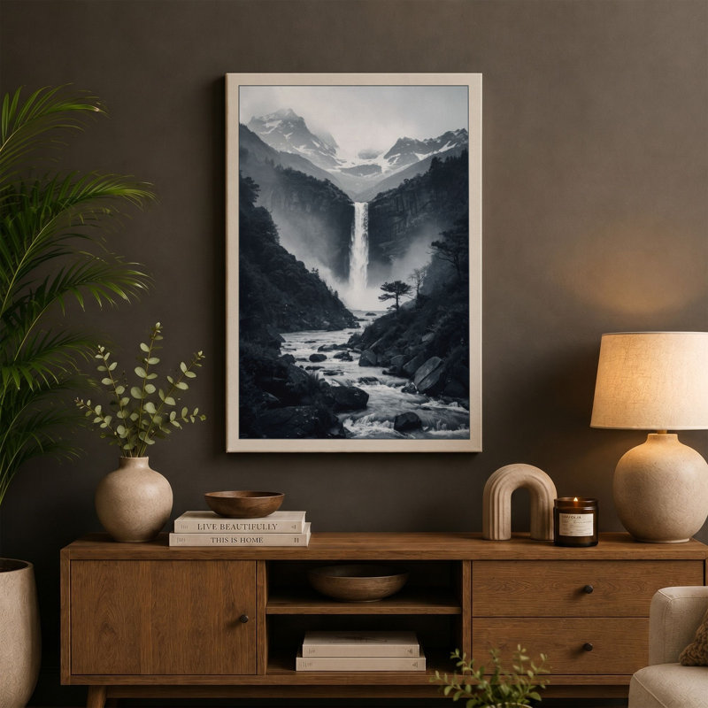 Alpine Waterfall Scandinavian - Wrapped Canvas, 24x16 - 61.0 x 40.6 cm, Teal Border